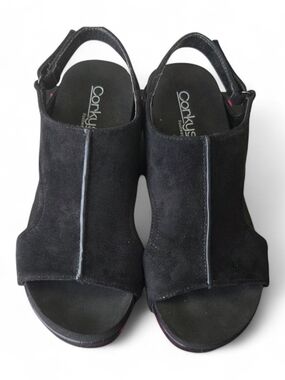 Corkys Black Suede Peep-Toe Slingback Sandals